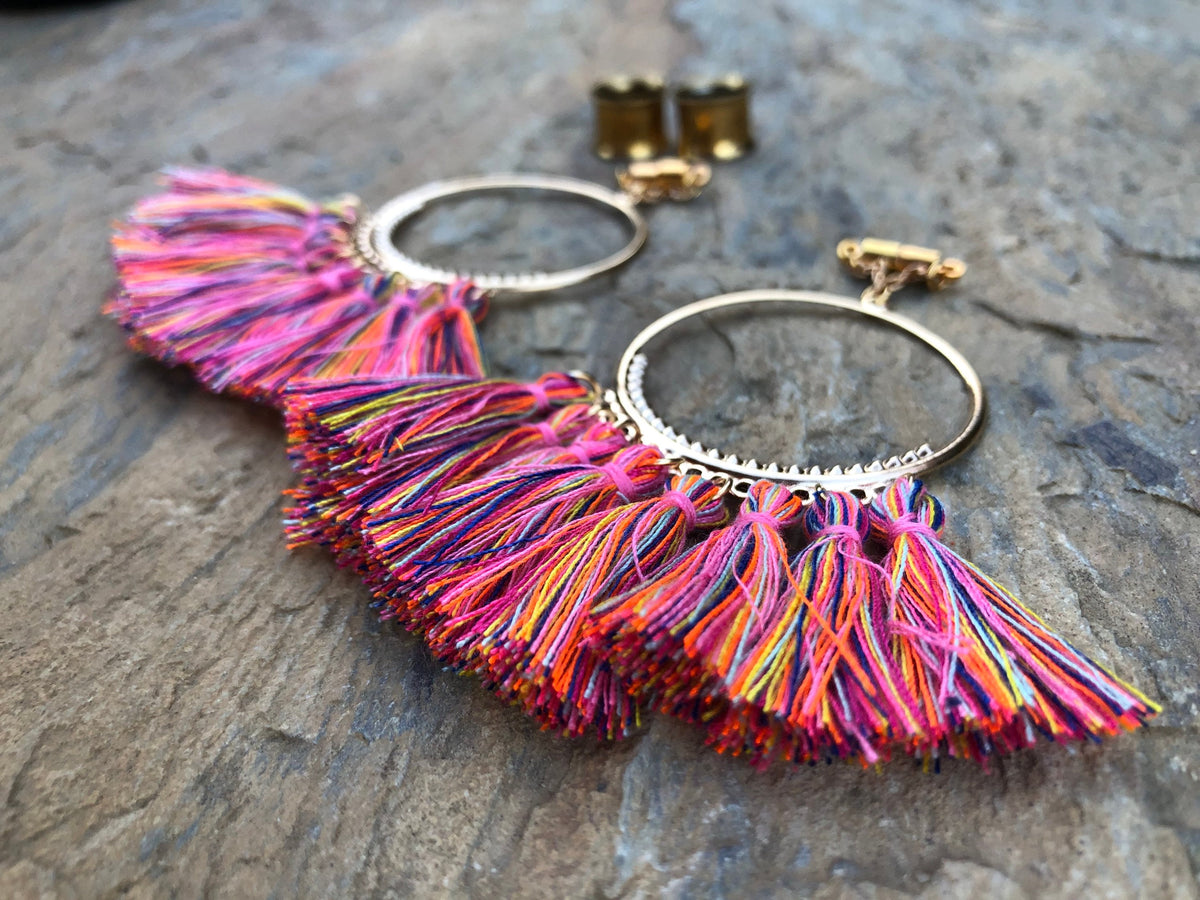 Pink Tassel Chandelier Magnetic Clasp Gauged Earrings