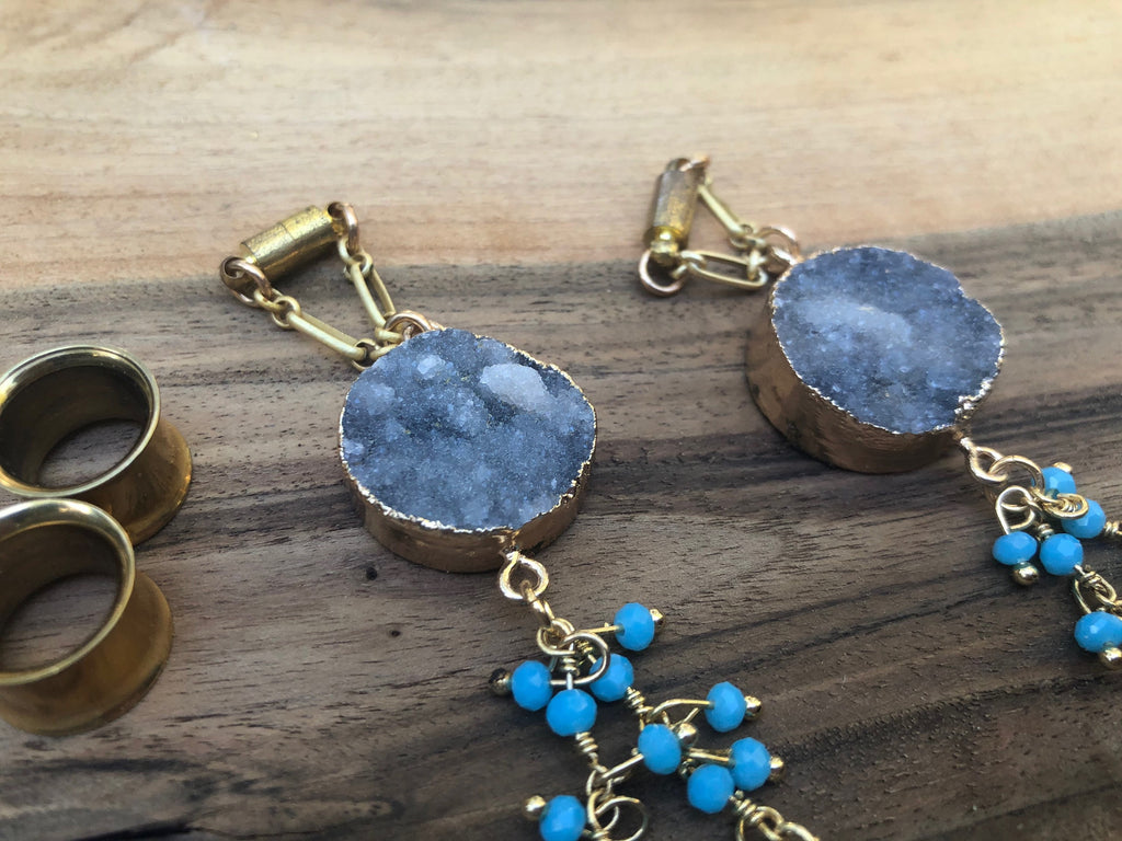 Gray Druzy & Blue Bead Magnetic Clasp Earrings