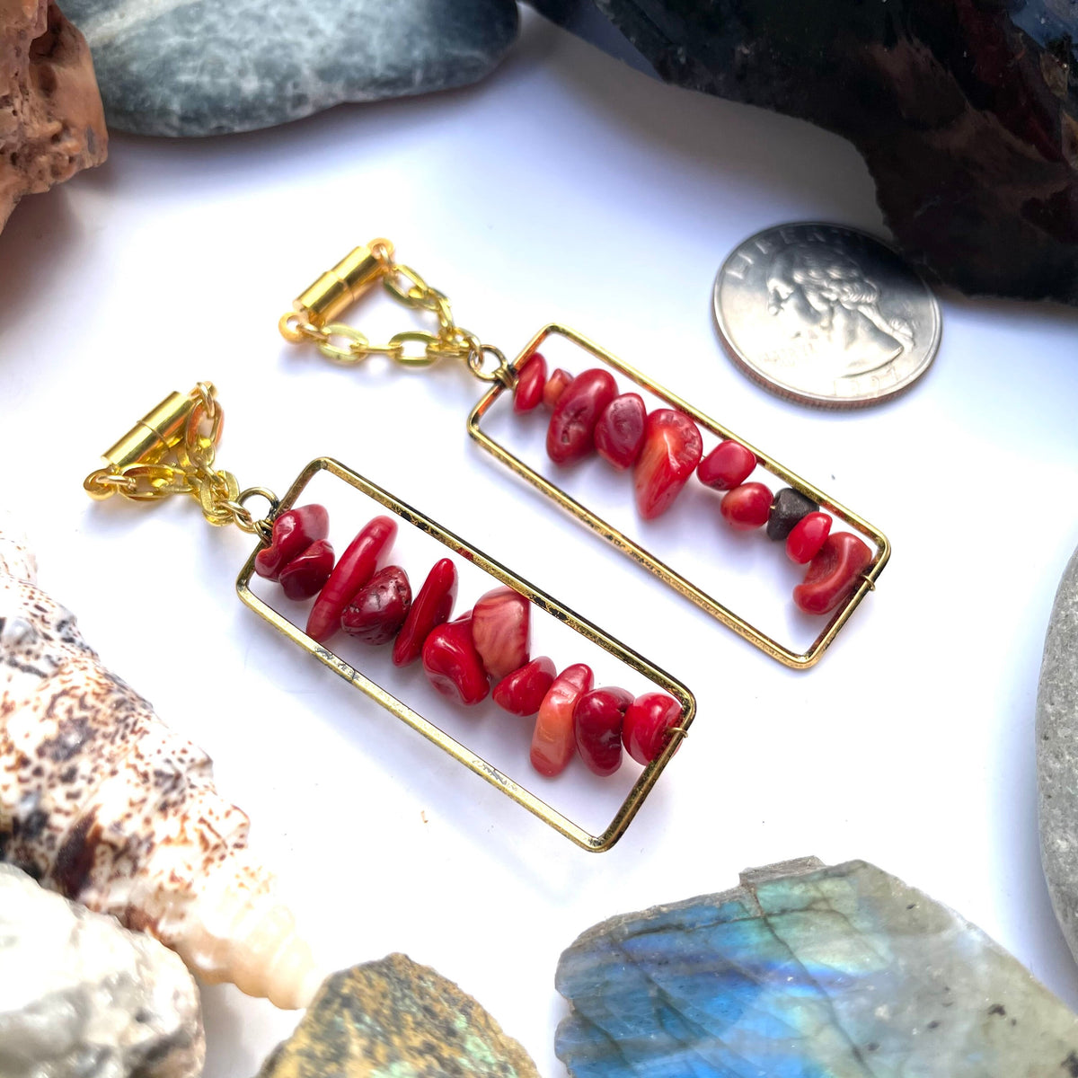 Brass & Coral Magnetic Clasp Gauged Earrings