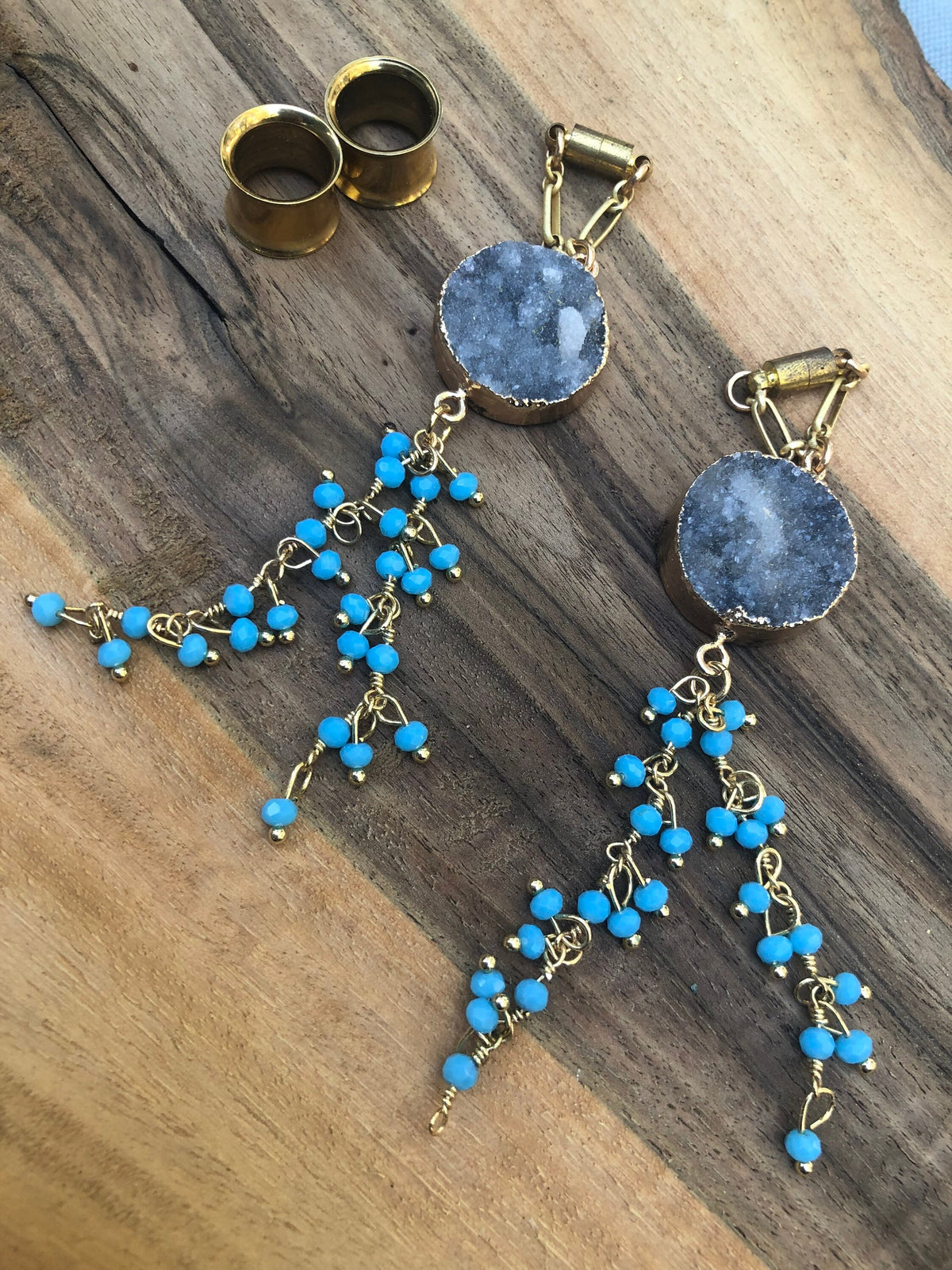 Gray Druzy & Blue Bead Magnetic Clasp Earrings