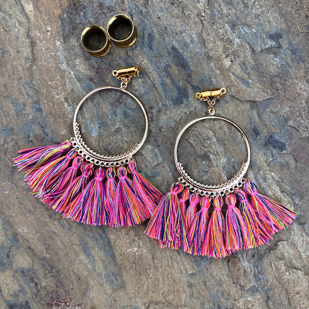 Pink Tassel Chandelier Magnetic Clasp Gauged Earrings