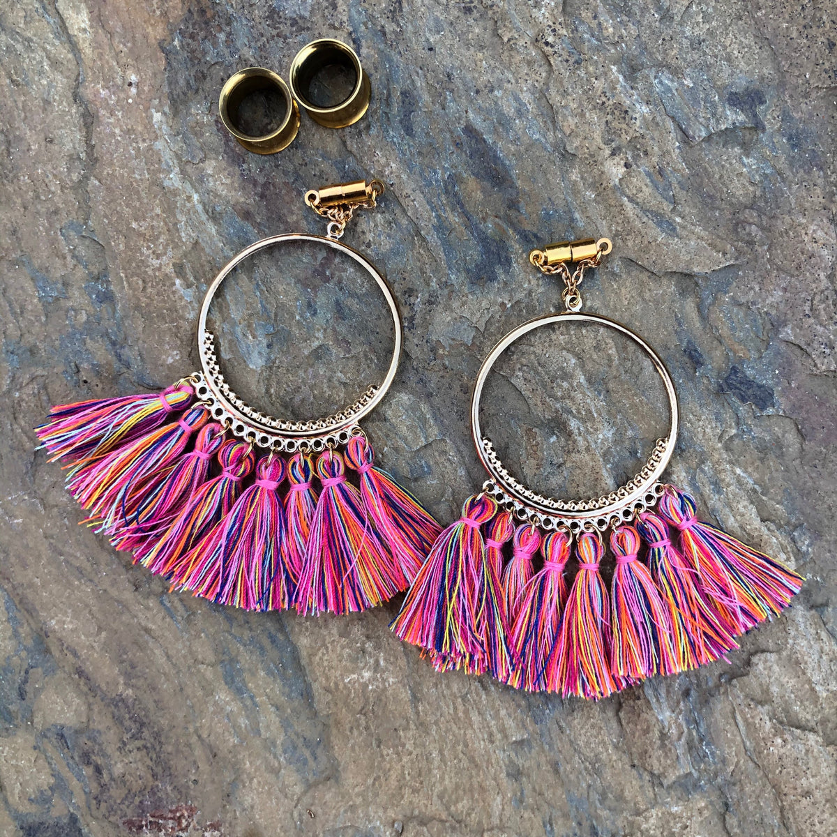 Pink Tassel Chandelier Magnetic Clasp Gauged Earrings
