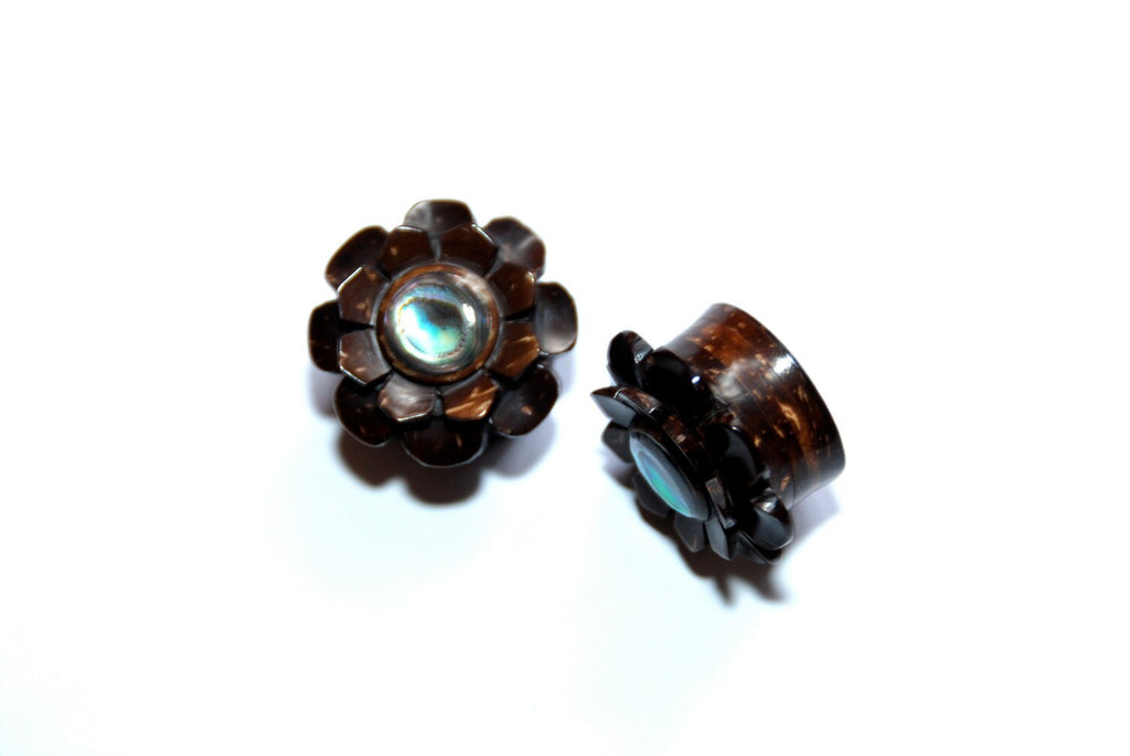 Palm Wood Flower Plugs with Abalone Inlay