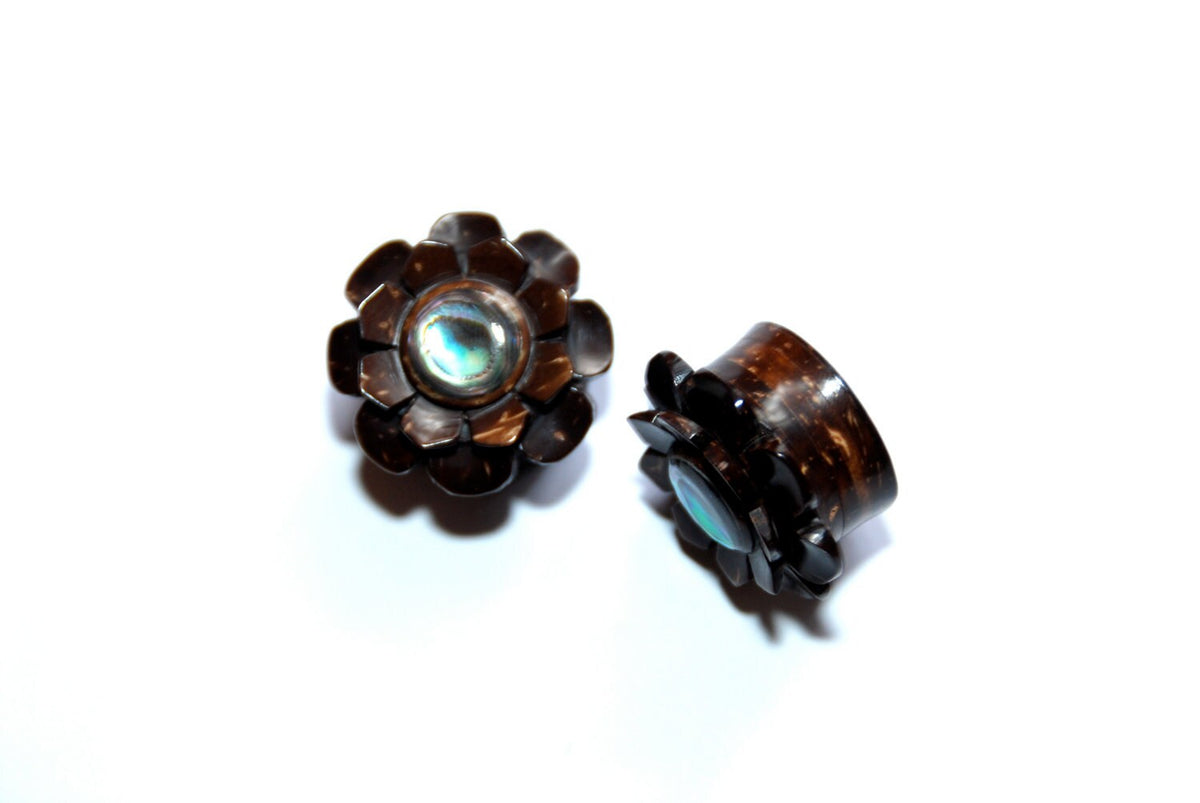 Palm Wood Flower Plugs with Abalone Inlay