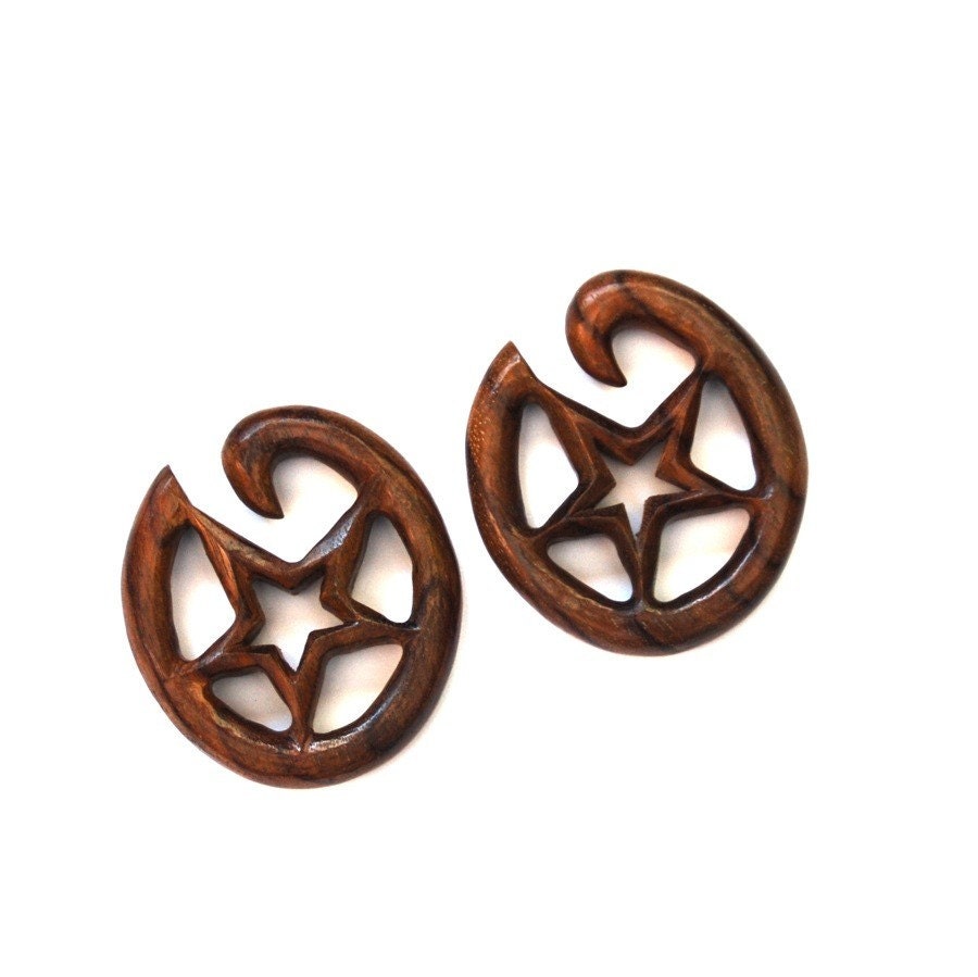 Wooden Star Hoop Gauges – Carved Wood Earrings