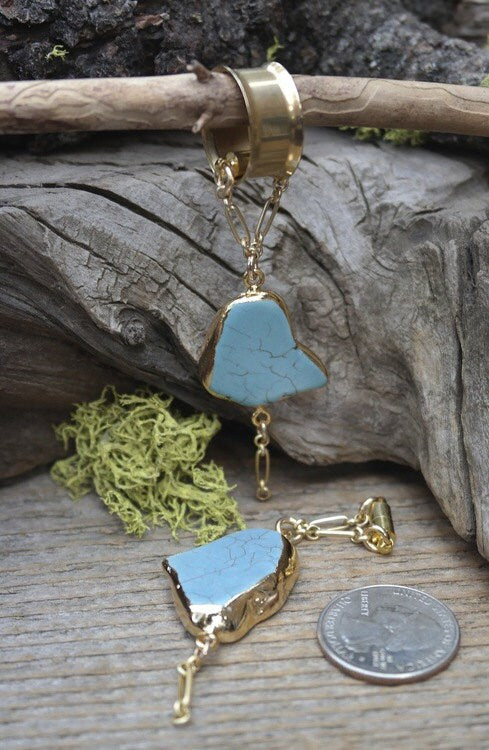 Turquoise & Gold Magnetic Clasp Gauged Earrings