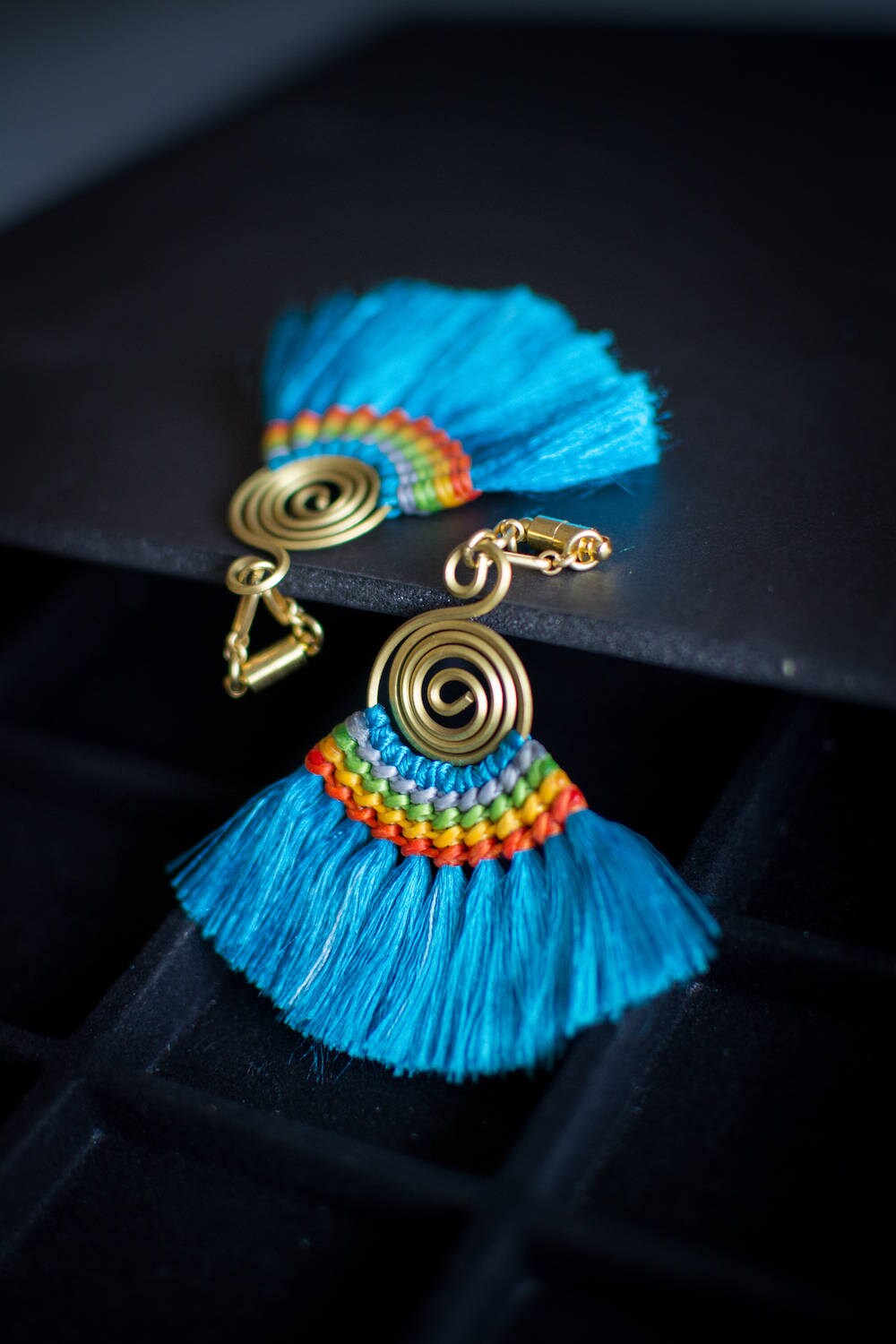 Blue or Purple Fan Tassel Magnetic Clasp Gauged Earrings