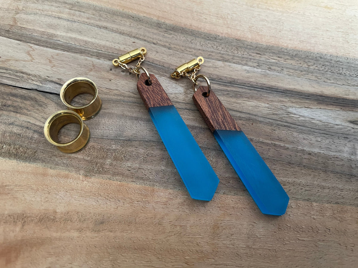 Blue Wood & Resin Magnetic Clasp Tunnel Earrings