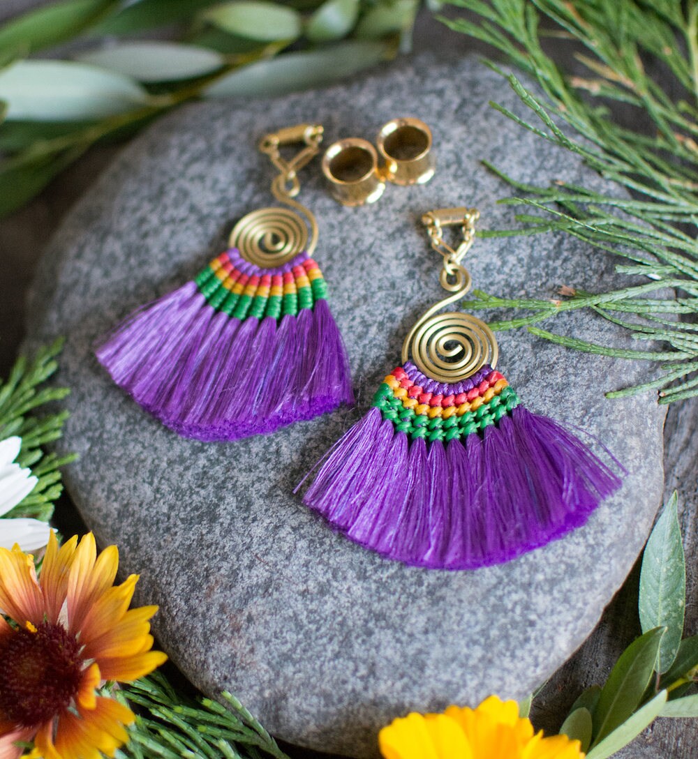 Blue or Purple Fan Tassel Magnetic Clasp Gauged Earrings