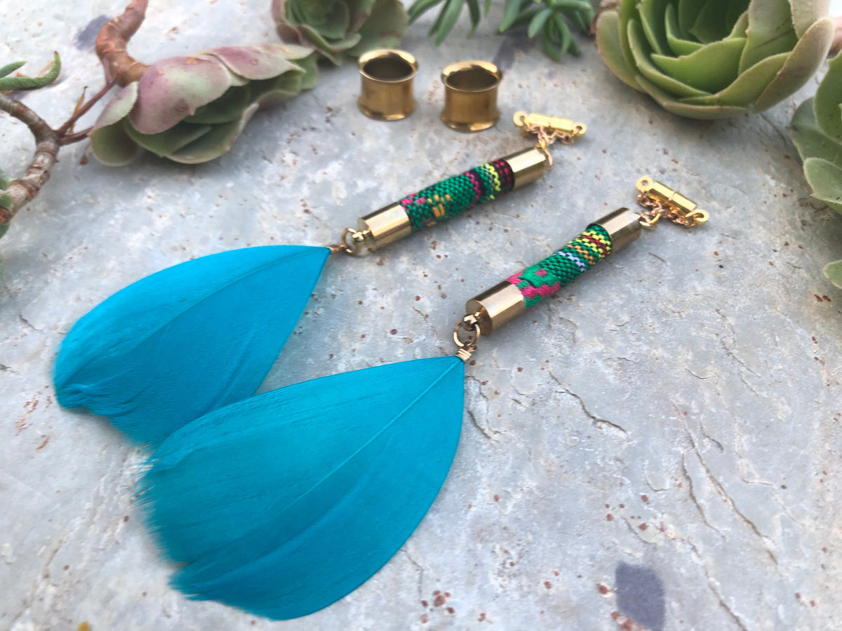 Teal Feather Magnetic Clasp Gauged Earrings
