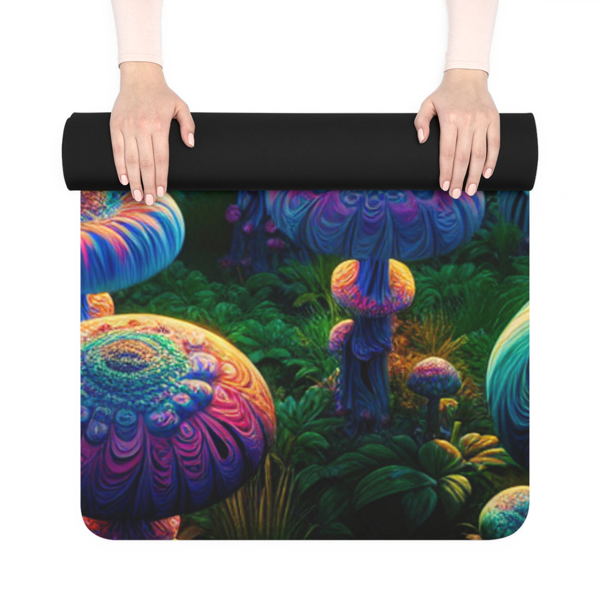 Psychedelic Mushroom Field Rubber Yoga Mat — Vibrant Fantasy Non-Slip Mat