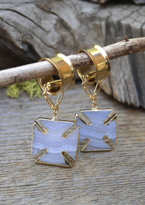 Blue Lace Agate Magnetic Clasp Gauged Earrings
