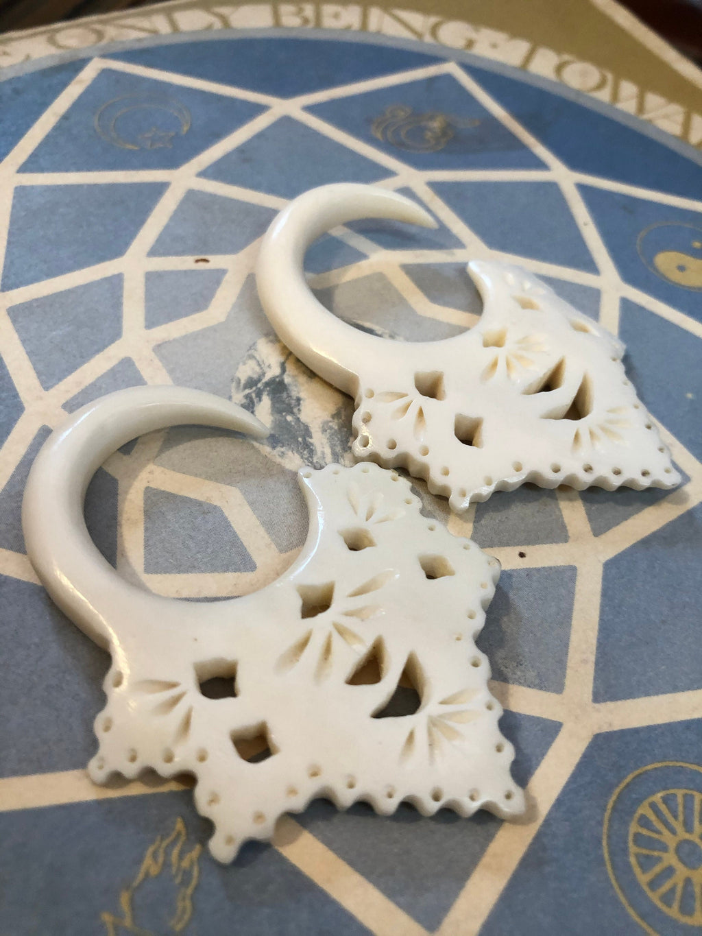 Hand-Carved Bone Gauged Earrings – Openwork Design