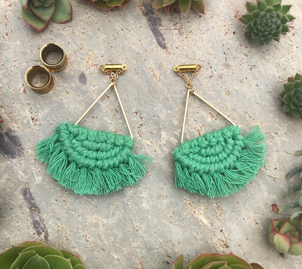 Green Macramé Tassel Magnetic Clasp Gauged Earrings