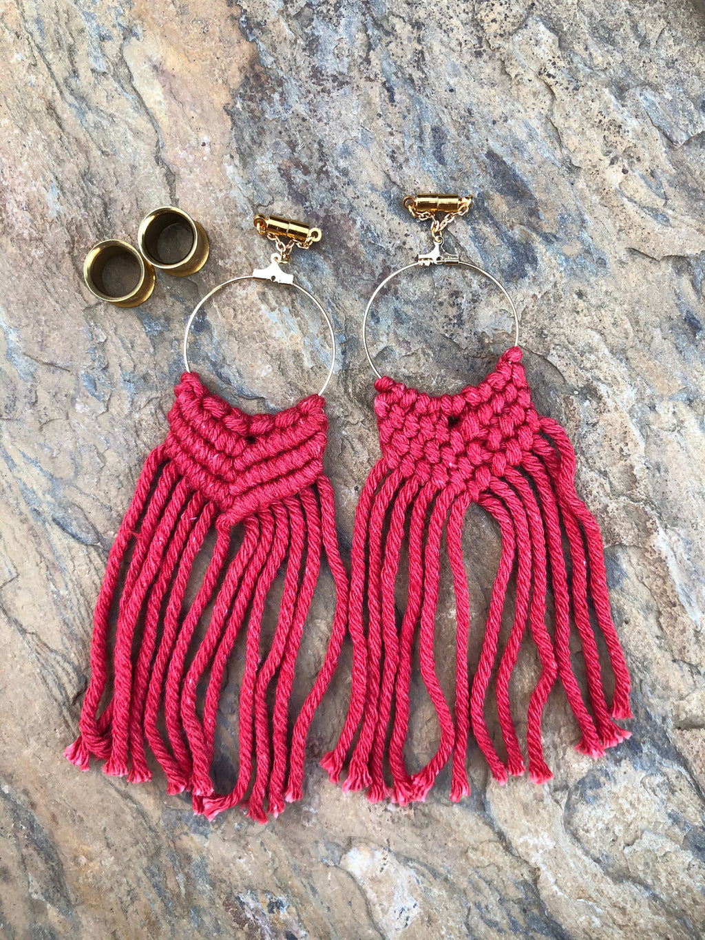 Red Macramé Magnetic Clasp Gauged Earrings