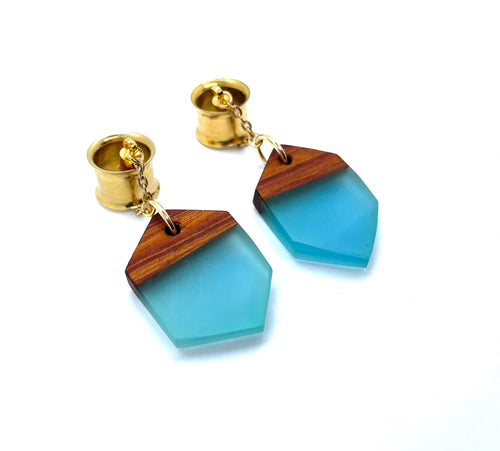 Blue Wood & Resin Magnetic Clasp Gauged Earrings