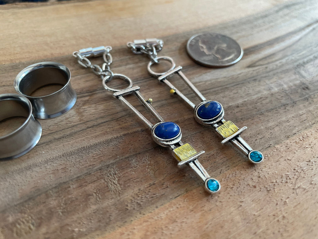 Mixed Metal & Lapis Magnetic Clasp Gauged Earrings