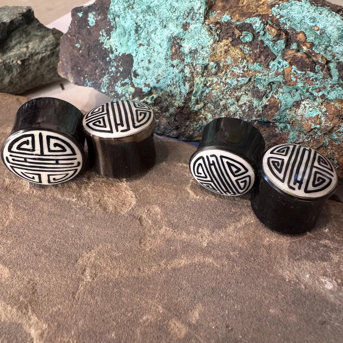 Chinese Shou Horn Plugs – Bone Inlay Ear Gauges