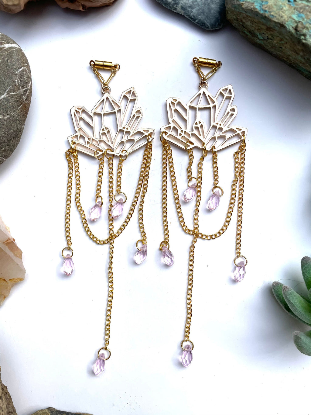 Brass & Crystal Magnetic Clasp Gauged Earrings