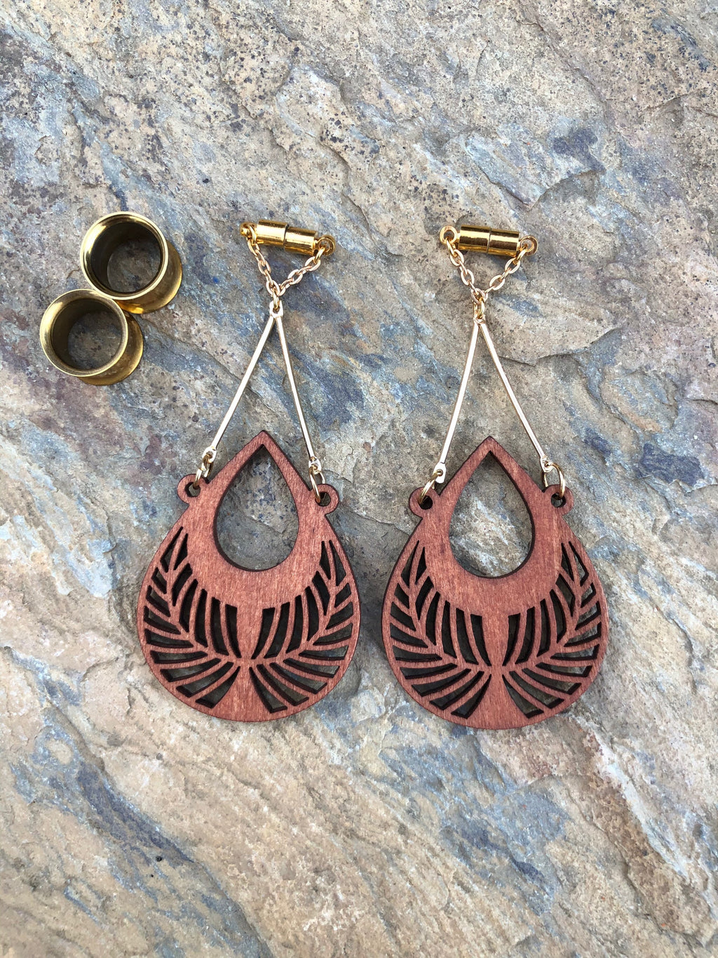Laser-Cut Wood Magnetic Clasp Gauged Earrings