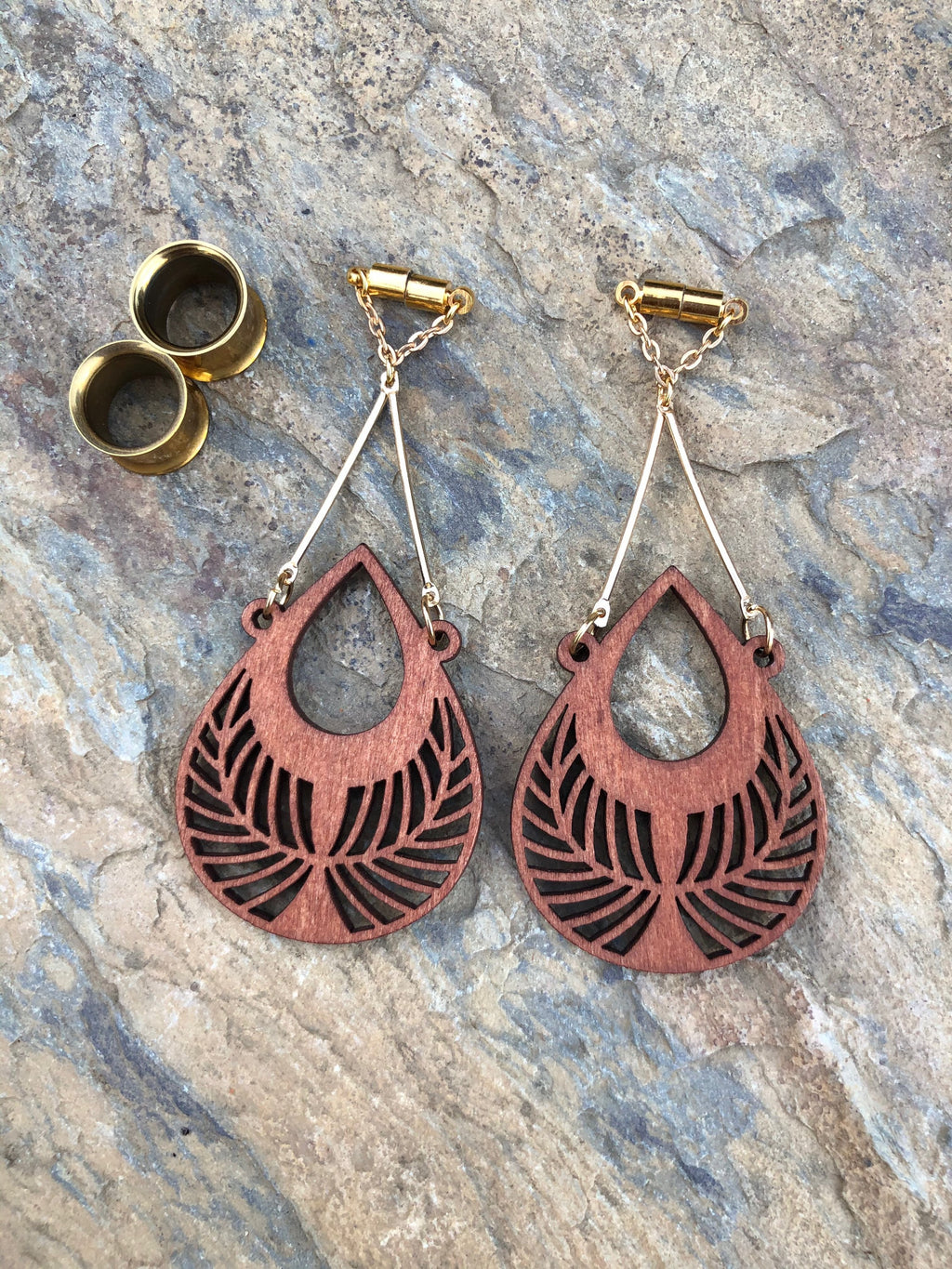 Laser-Cut Wood Magnetic Clasp Gauged Earrings