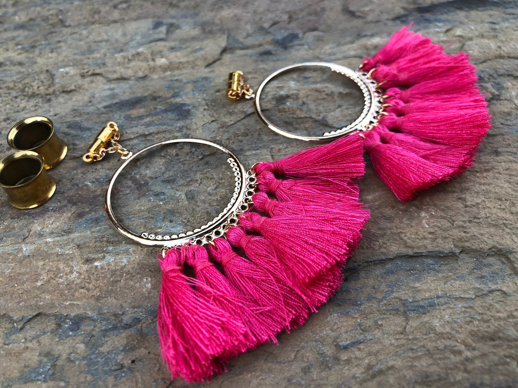 Bright Pink Tassel Magnetic Clasp Gauged Earrings