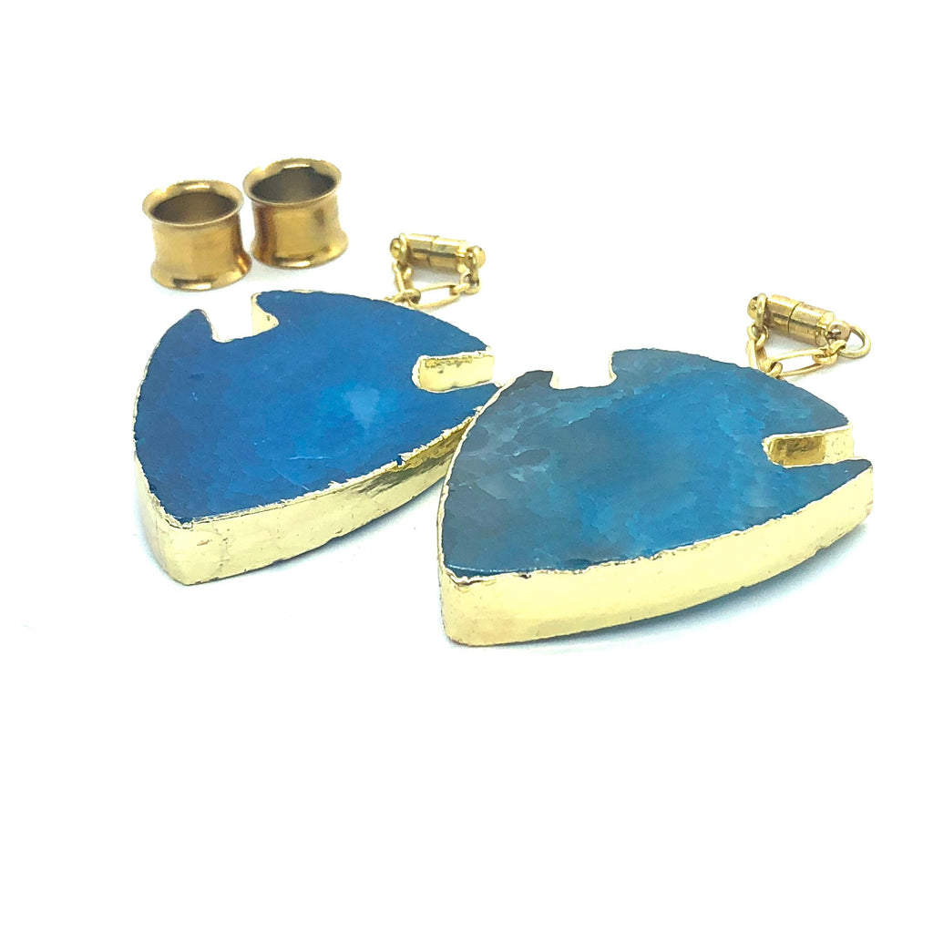 Blue Agate Arrowhead Magnetic Clasp Gauged Earrings