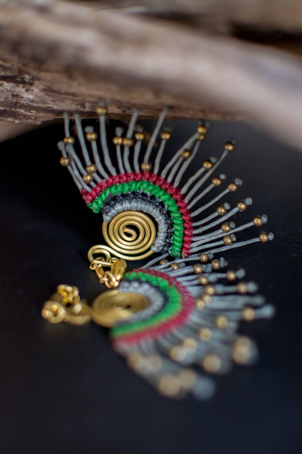 Gray String-Wrapped Macramé Magnetic Earrings