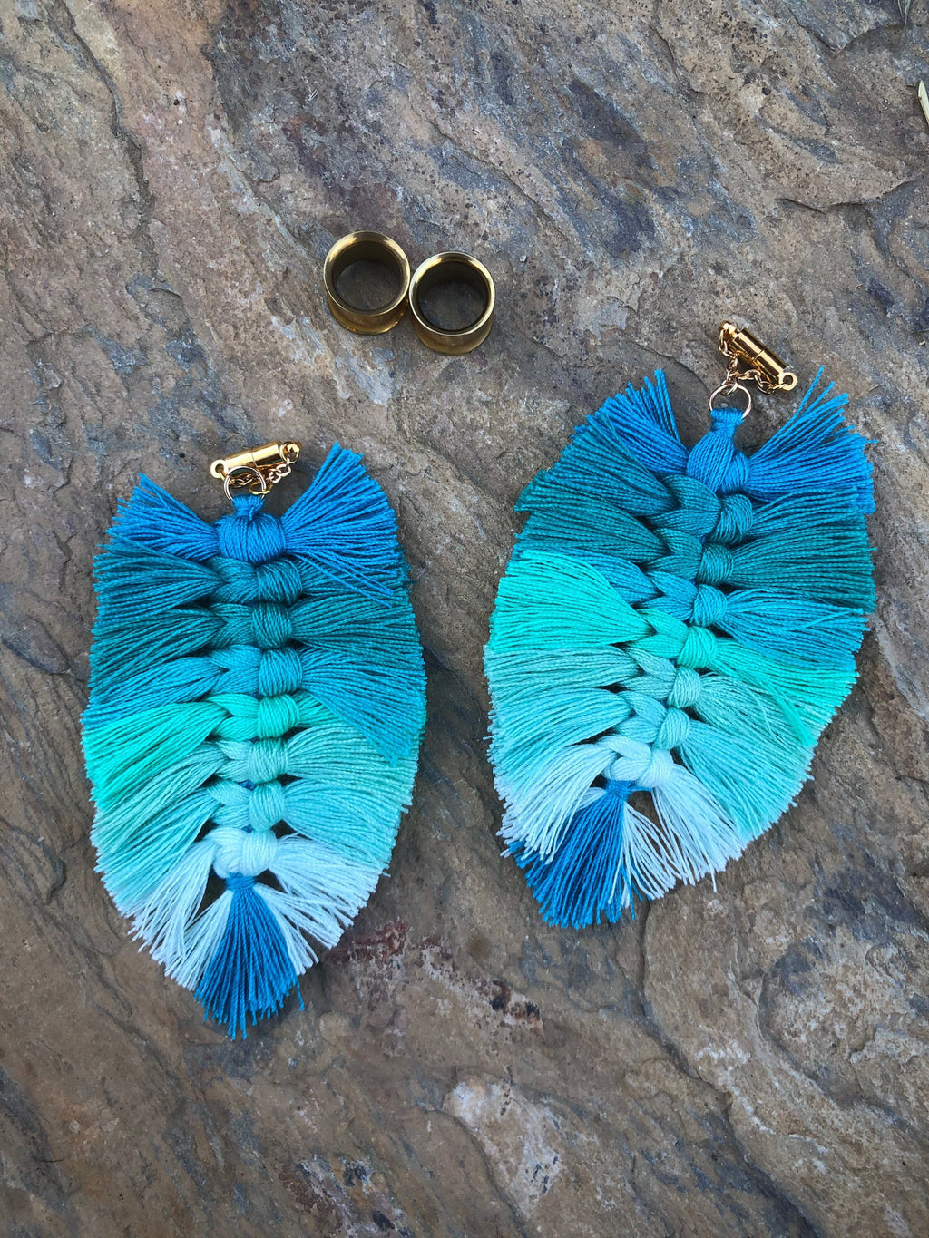 Blue Multicolor Tassel Magnetic Clasp Gauged Earrings