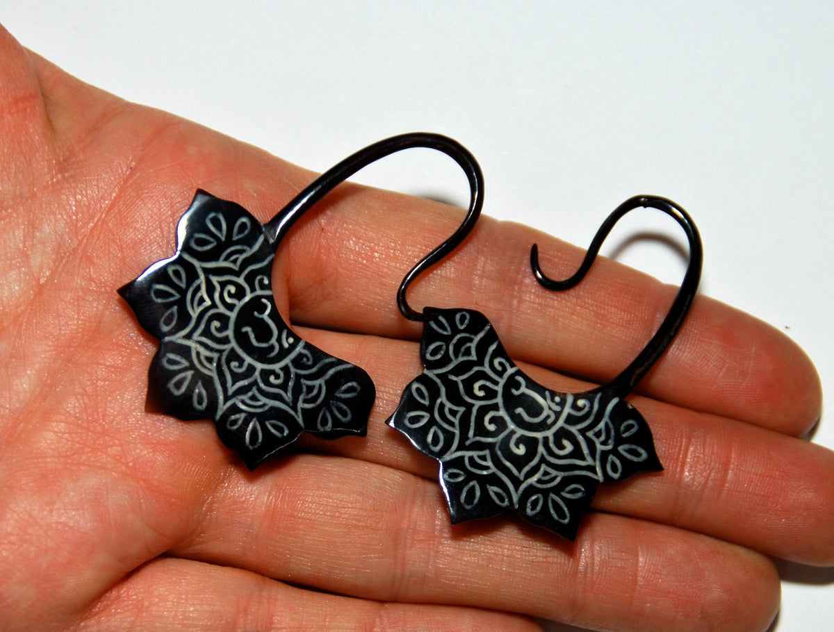 Om Lotus Flower Horn Earrings – Carved Bone Inlay