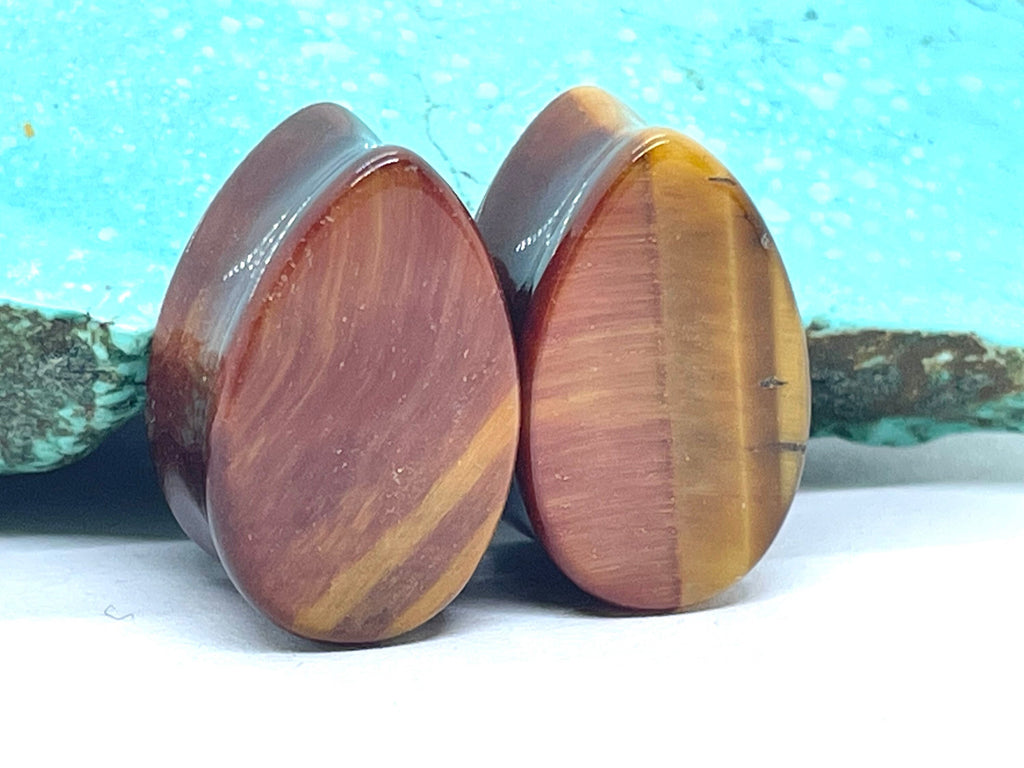 OOAK Red & Brown Tiger’s Eye Teardrop Plugs – 5/8" (16mm)