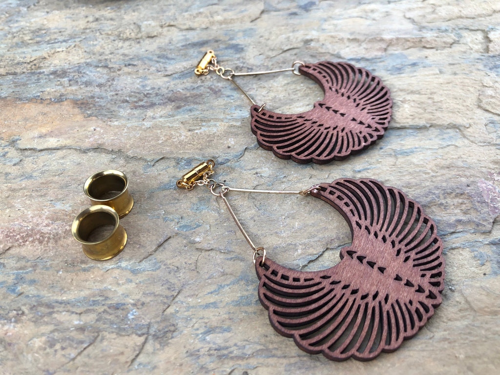 Laser-Cut Wood Magnetic Clasp Gauged Earrings