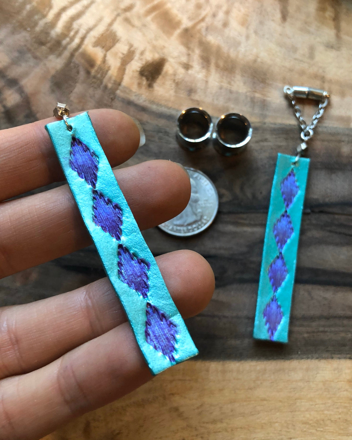 Teal Leather Feather Magnetic Clasp Gauged Earrings