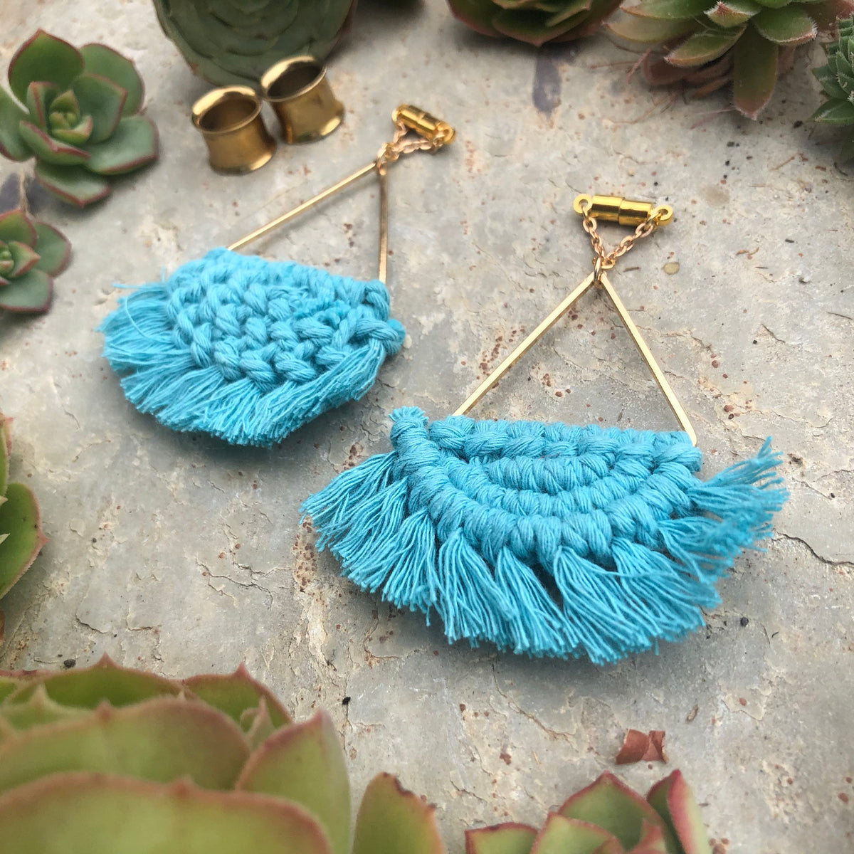 Blue Macramé Tassel Magnetic Clasp Earrings