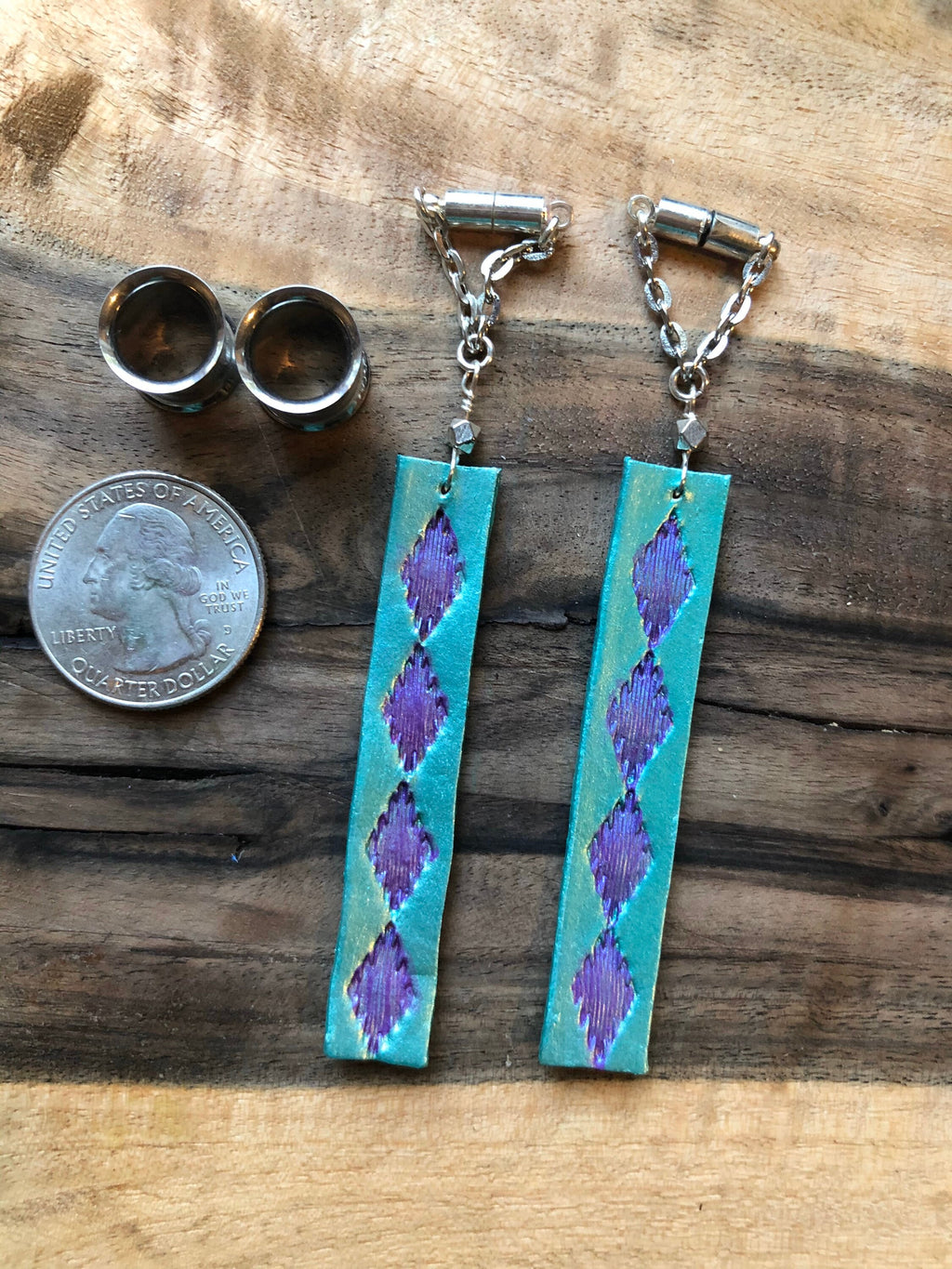 Teal Leather Feather Magnetic Clasp Gauged Earrings