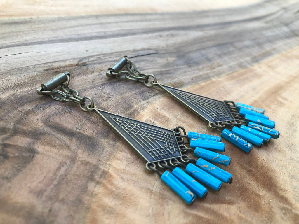 Turquoise & Bronze Magnetic Clasp Gauged Earrings