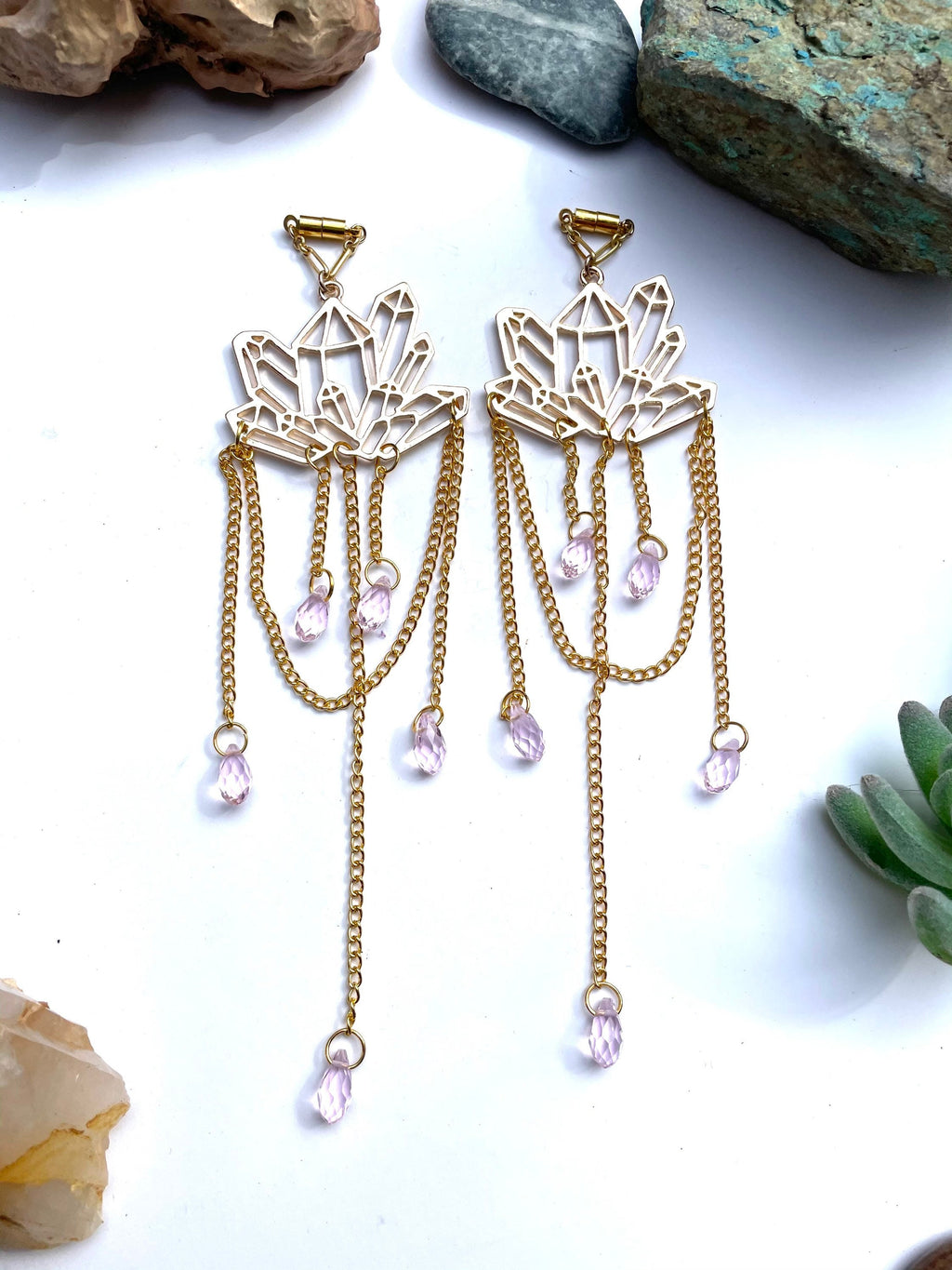 Brass & Crystal Magnetic Clasp Gauged Earrings