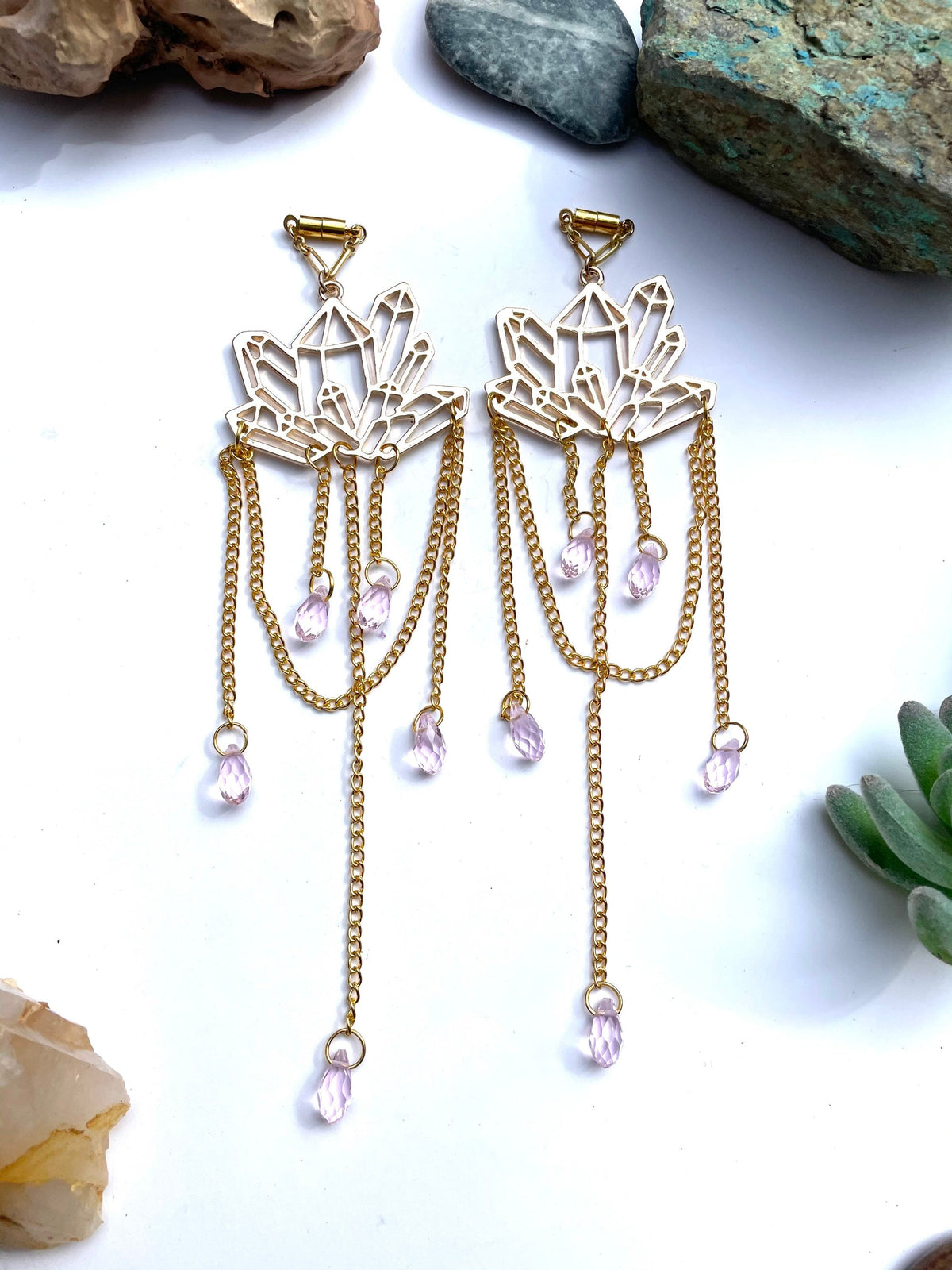 Brass & Crystal Magnetic Clasp Gauged Earrings