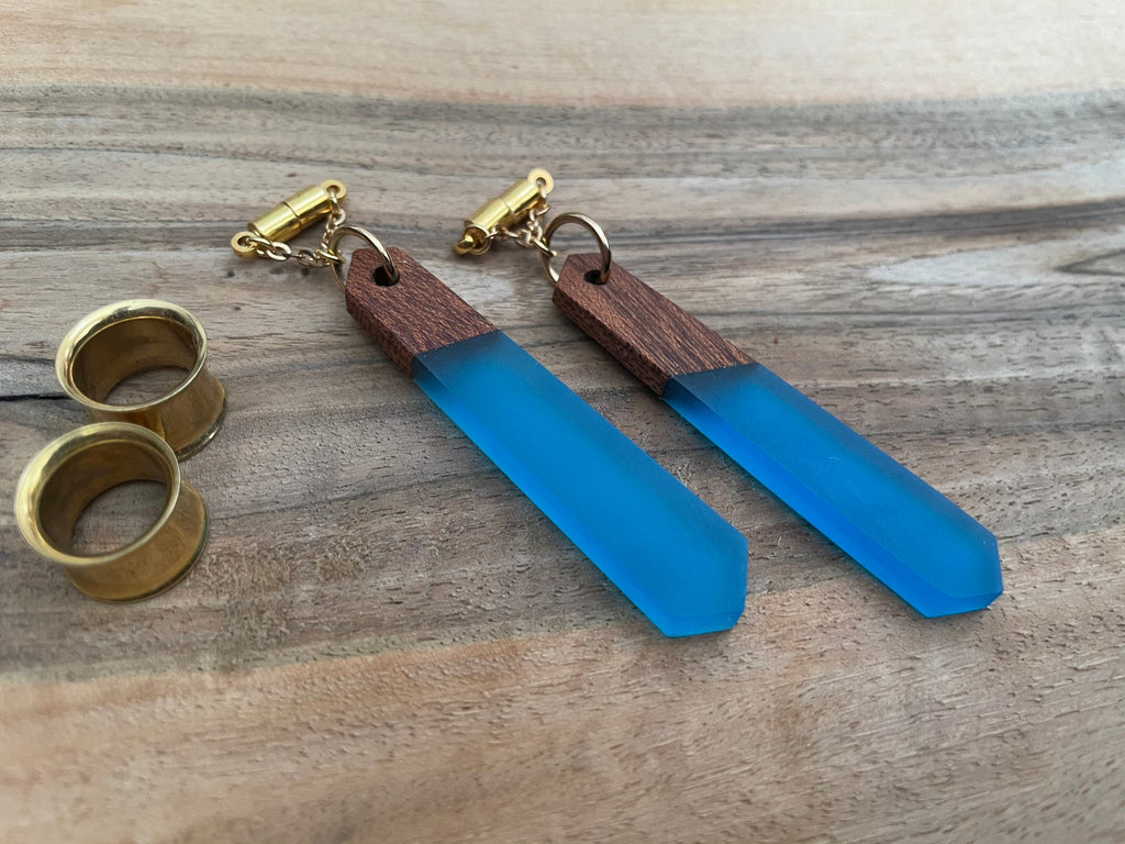 Blue Wood & Resin Magnetic Clasp Tunnel Earrings