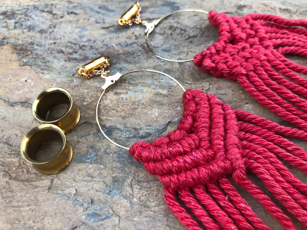 Red Macramé Magnetic Clasp Gauged Earrings