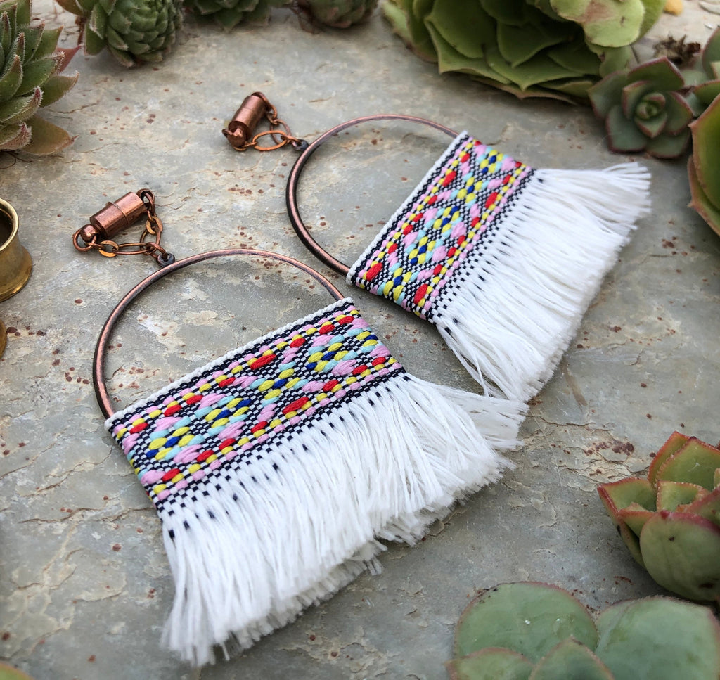 White Tassel & Bronze Magnetic Clasp Gauged Earrings