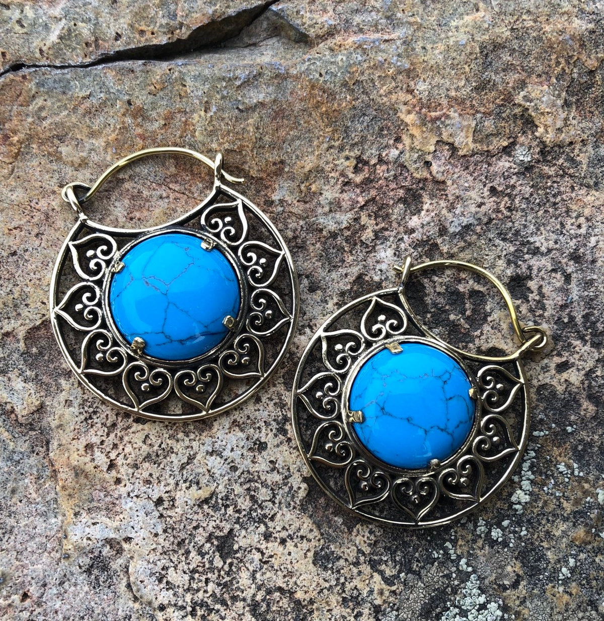 Brass & Turquoise Hoop Earrings – Optional Tunnels