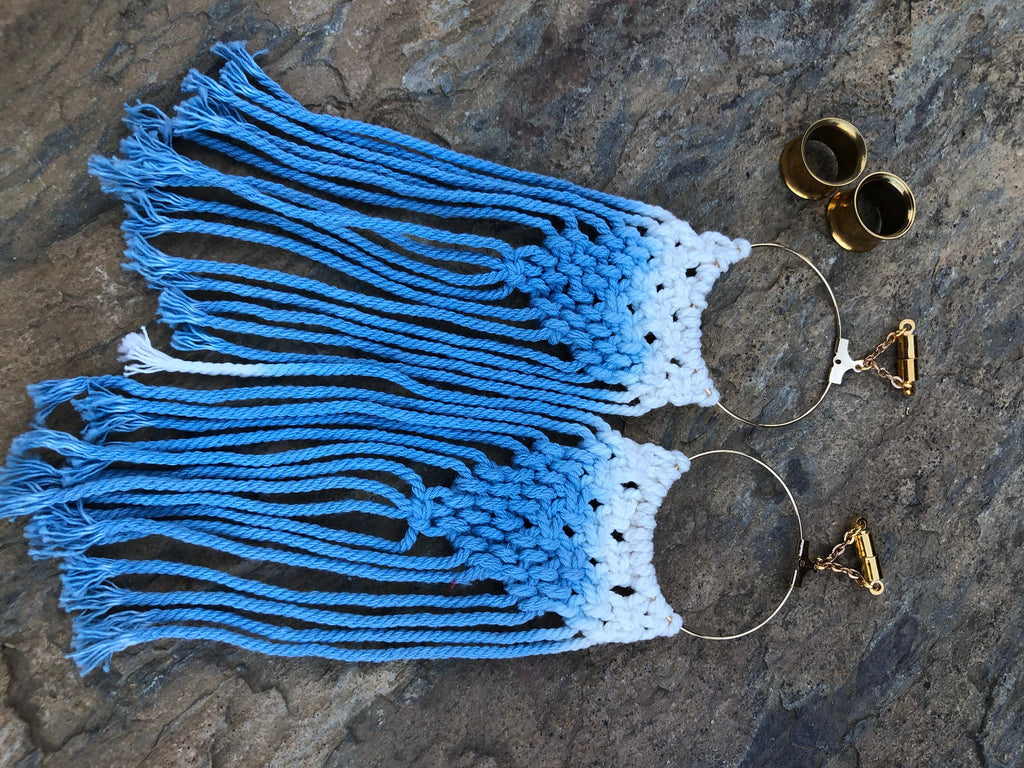 Blue & White Ombré Macramé Magnetic Clasp Earrings