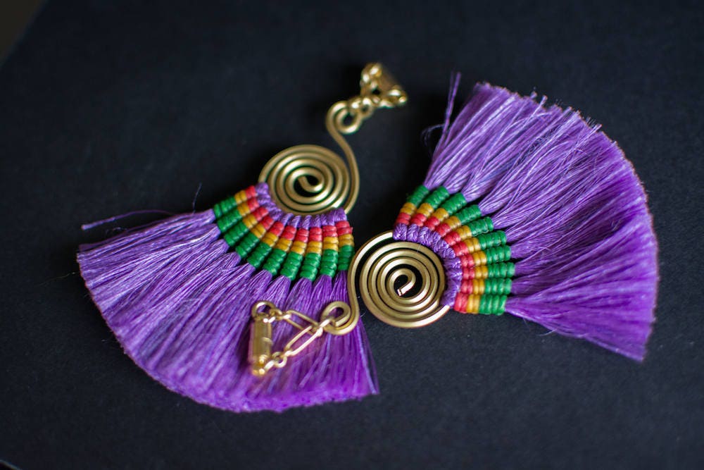 Blue or Purple Fan Tassel Magnetic Clasp Gauged Earrings