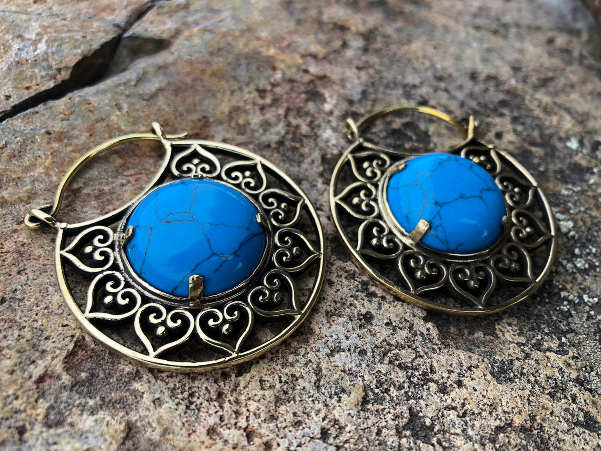 Brass & Turquoise Hoop Earrings – Optional Tunnels