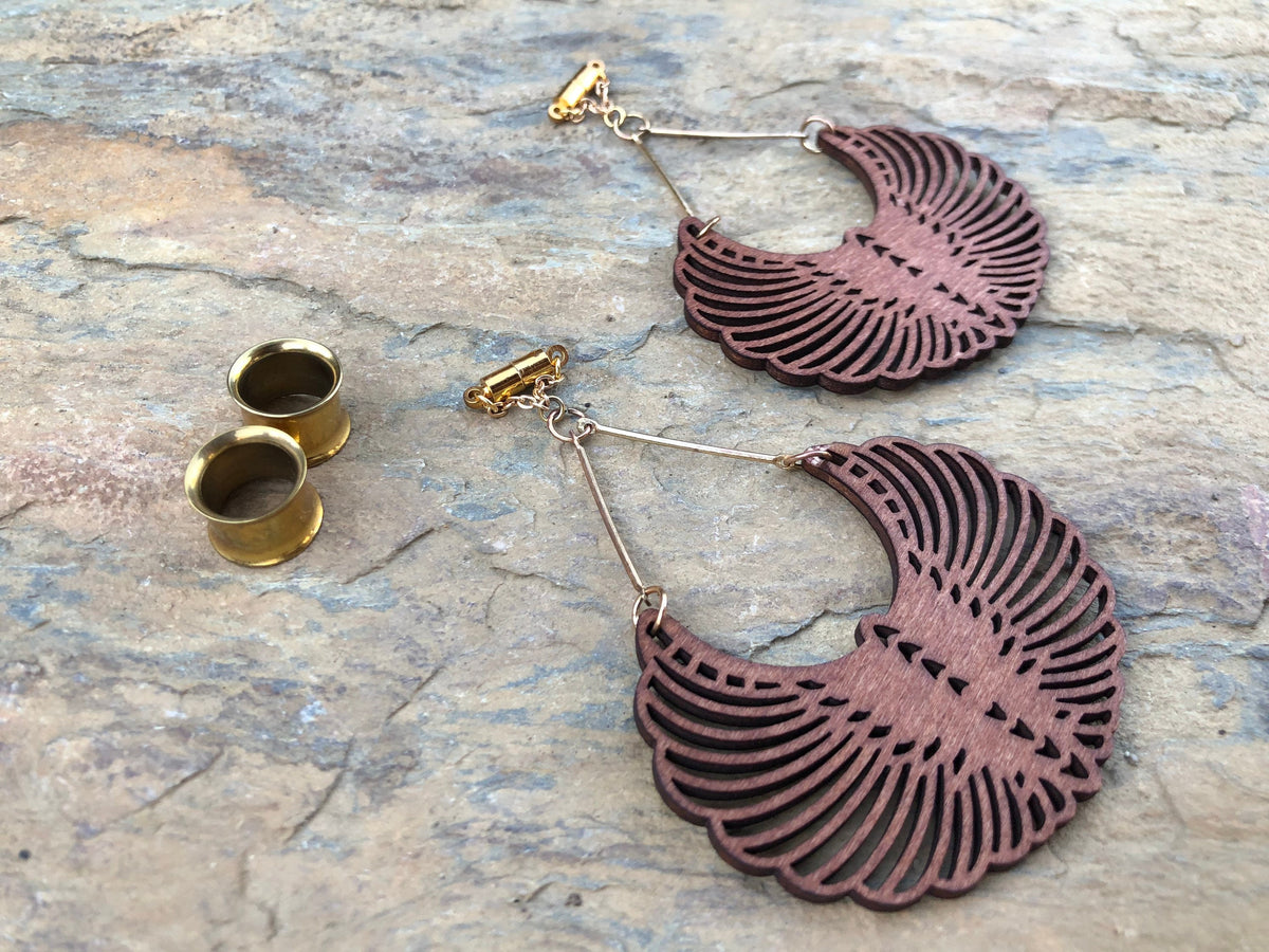 Laser-Cut Wood Magnetic Clasp Gauged Earrings