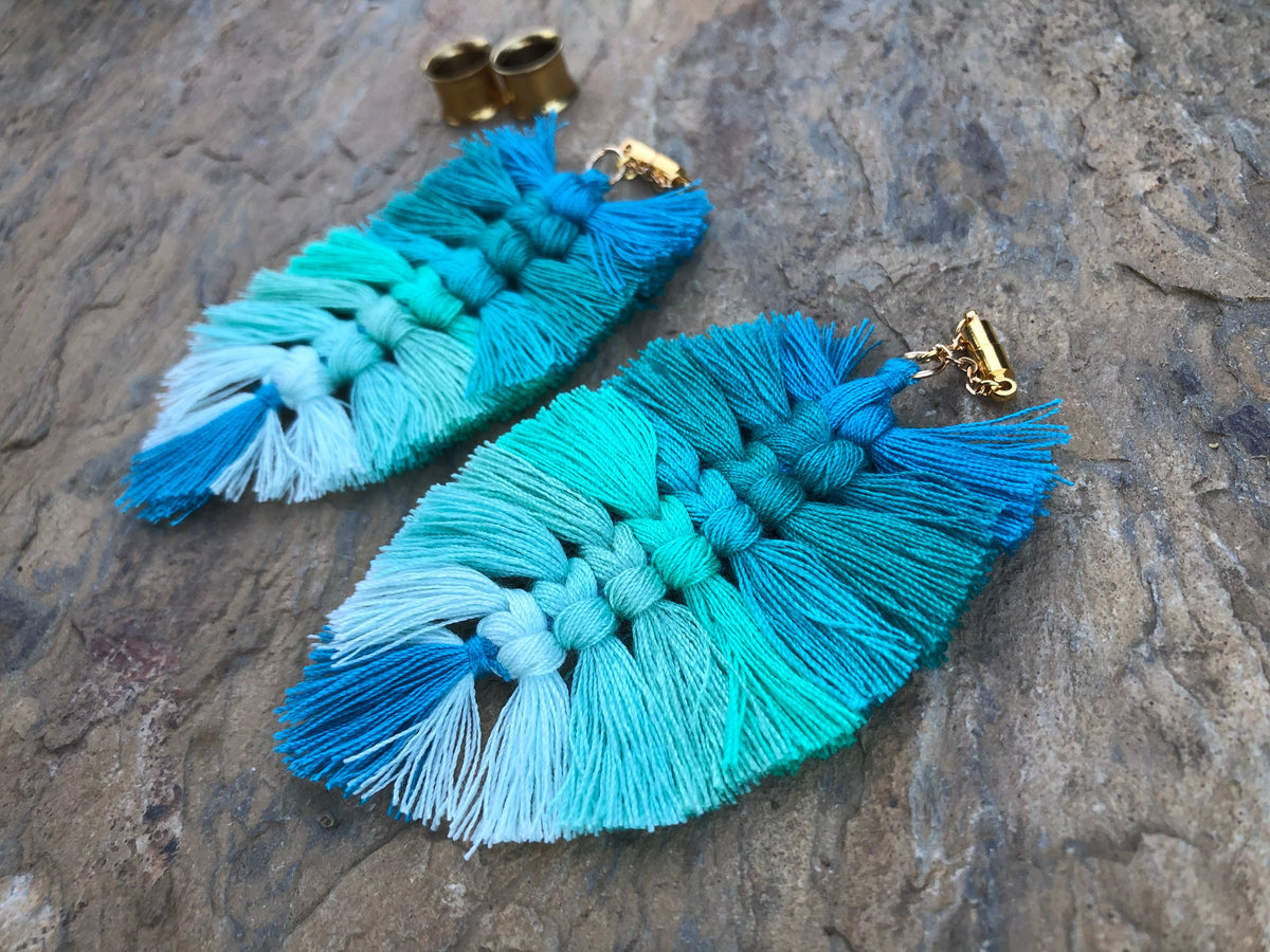 Blue Multicolor Tassel Magnetic Clasp Gauged Earrings
