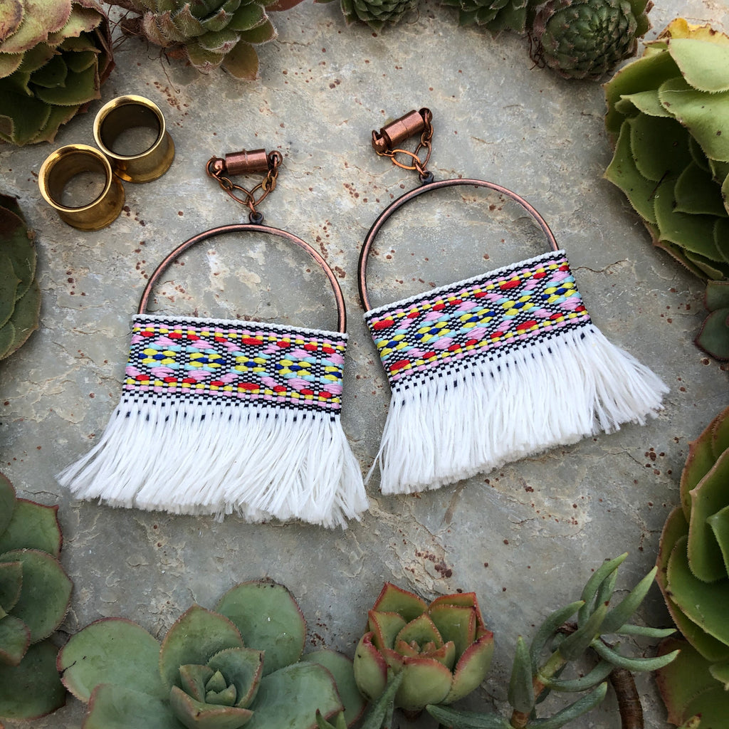 White Tassel & Bronze Magnetic Clasp Gauged Earrings