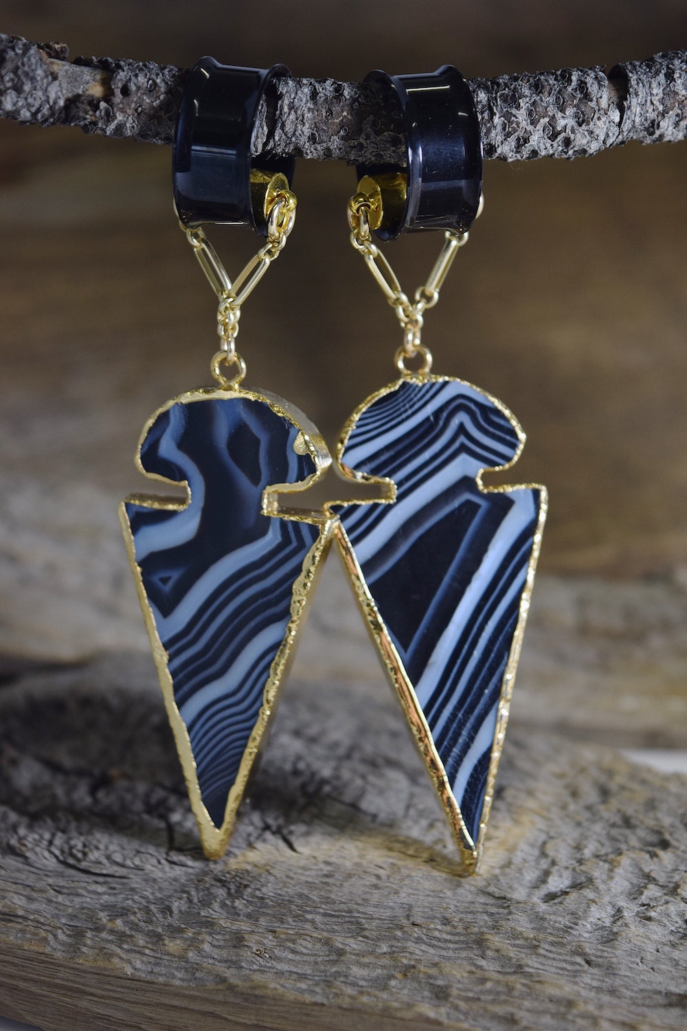 Striped Agate Arrowhead Ear Weights – Magnetic Clasp Earrings