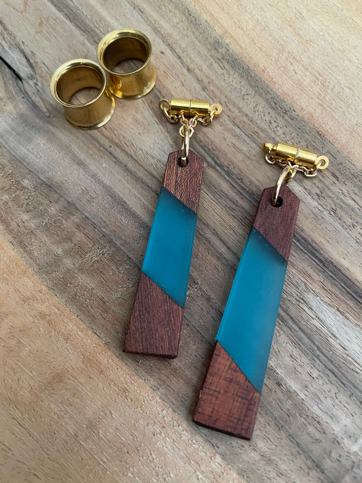 Teal Wood & Resin Magnetic Clasp Gauged Earrings